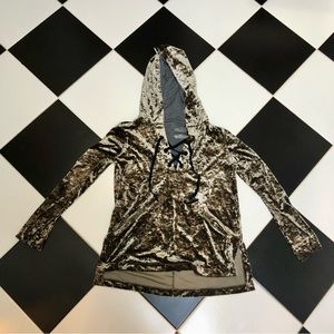 Juicy Couture Y2K Olive Green Crushed Velvet Hoodie Girlie Metallic Oversized XS